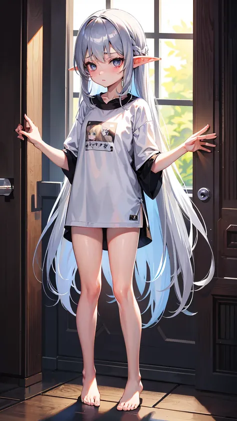 Elf Girl、8-year-old、Medium-long silver hair、Silver Eyes、Only a big black short-sleeved T-shirt、No bottoms worn、barefoot、Seductive expression、whole body、Standing posture
