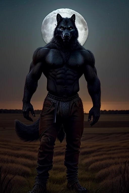 Mix of man and wolf., With hair as black as the night, olhos vermelhos e brilhantes, black nails hard as steel., of tall stature reaching 2,45., wearing no shirt, wearing only brown pants and no shoes. Standing in the field looking at the full moon