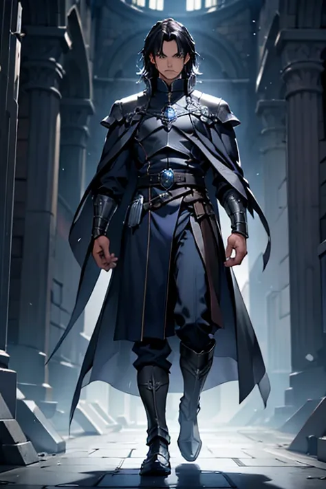 grand inqusitor, male,dark hair, long coat with silver armor parts, standing, dark blue outfit