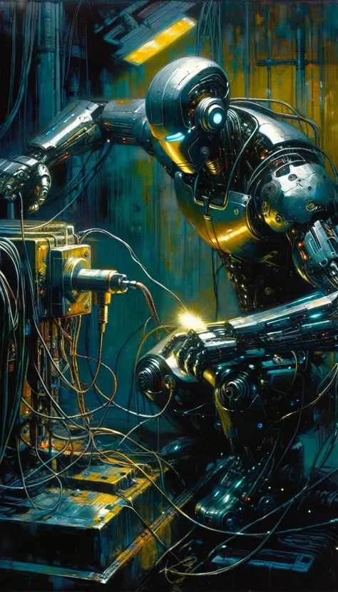 cyborg, charging, plugged into machinery, dark scene,(art inspired by Bill Sienkiewicz, intricate details, oil painted )