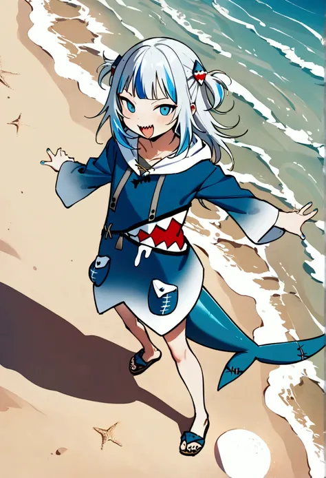 (masterpiece, best quality), intricate details, gawr gura, sharp teeth, shark tail, gura_hoodie, blue hoodie, shark hood, shark hair ornament, beach, sand,gawrdef gawrsecond gawrthird gawrfourth gawrrnd, more_details:1,