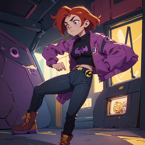 I want you to make an illustration in Disney 2D animation style.  The character is a young teenager of approximately 18 years old.  She has shoulder-length red hair and is wearing an open purple jacket and underneath is a black t-shirt with the Batman symb...