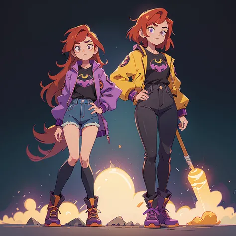 I want you to make an illustration in Disney 2D animation style.  The character is a young teenager of approximately 18 years old.  She has shoulder-length red hair and is wearing an open purple jacket and underneath is a black t-shirt with the Batman symb...