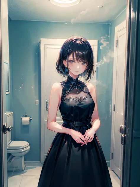 Beautiful woman、２８age、Draw a scene of Misaki standing in front of the bathroom mirror.。Misaki is wearing a transparent black dress with a light mist-like texture.。The dress symbolized her loneliness.、It gives a heavy yet ephemeral feeling.。Her expression i...