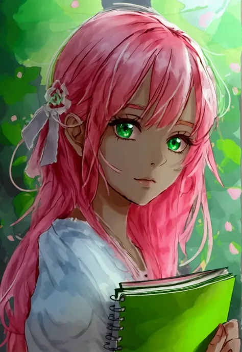 ((Artwork, high quality)), (1 girl), (black skin), (green eyes), (pink hair), (holding a notebook with blank pages), (thinking about what to write).






