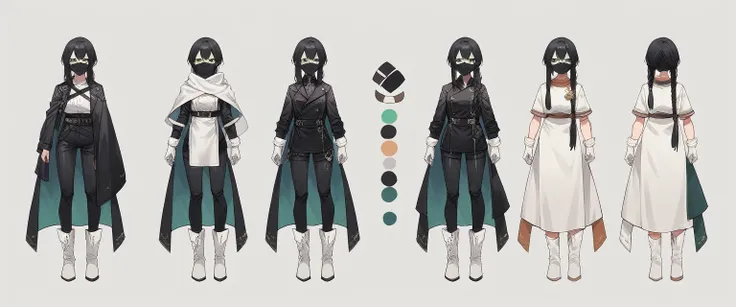 character sheet, full body, anime girl, girl with long black hair, hair braided into two long tails, cloth mask covering her head up to her nose, black leather jacket, gray blouse, white gloves, black pants, white boots, green eyes, white cape, short skirt...