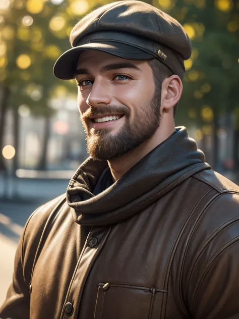 A young man with camera, flat cap, short dark blonde hair, short beard, happy, smiling, northern germany, beach, outdoor portrait, detailed skin, beautiful detailed eyes, beautiful detailed lips, extremely detailed face, detailed clothing, detailed camera,...