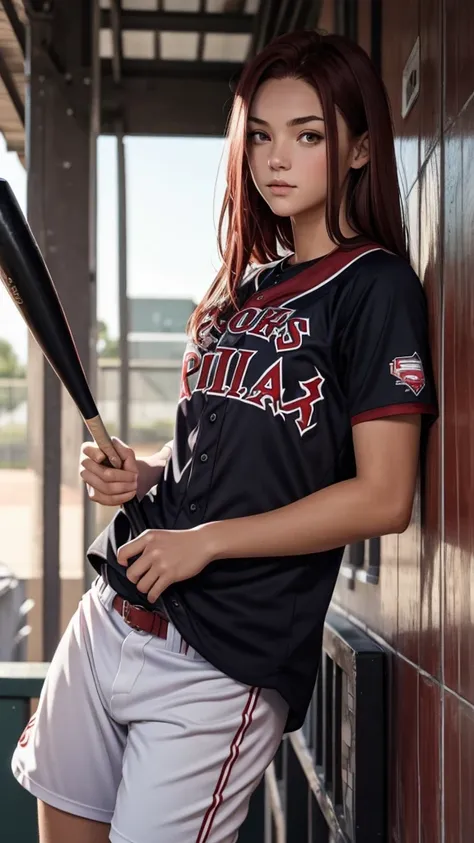 Pitite 18 year old girl, skinny, dark red hair, baseball player 