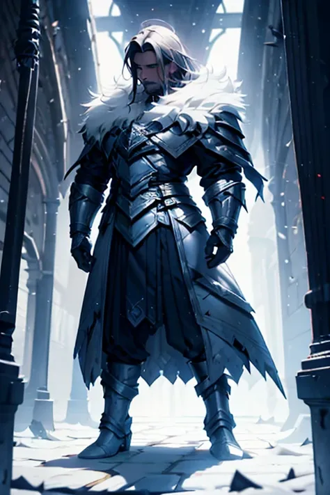 Grand inqusitor, male,dark hair, long coat with silver armor parts, standing, dark blue outfit, dark bread