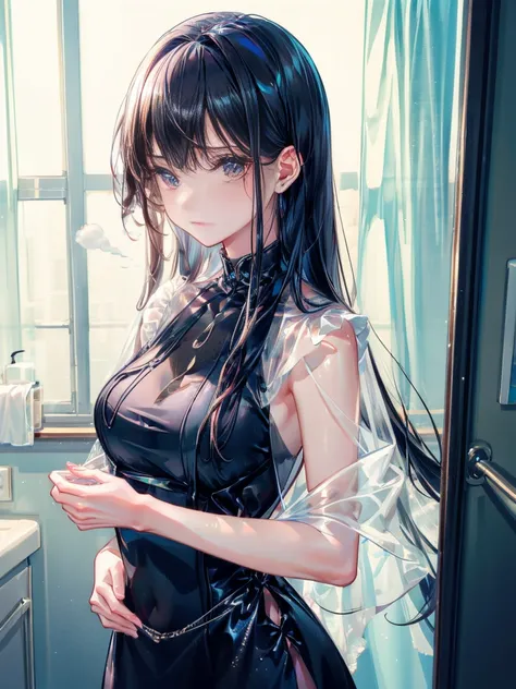 Beautiful woman、２８age、Draw a scene of Misaki standing in front of the bathroom mirror.。Misaki is wearing a transparent black dress with a light mist-like texture.。The dress symbolized her loneliness.、It gives a heavy yet ephemeral feeling.。Her expression i...