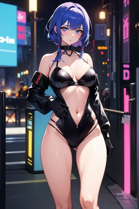 une fille, sexy, vulgaire, cyberpunk, de dos, corps sexy, beaux seins, beaux culs, provocatrice, dans une ville futuriste