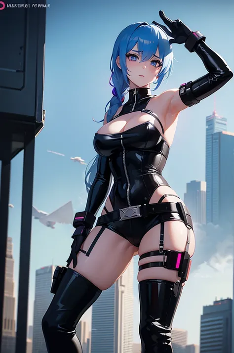 une fille, sexy, vulgaire, cyberpunk, de dos, corps sexy, beaux seins, beaux culs, provocatrice, dans une ville futuriste