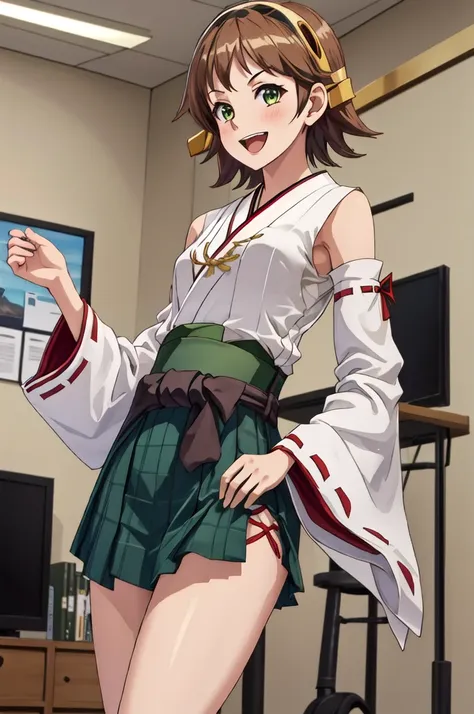 Highest quality, masterpiece, High resolution, ((Perfect hands, Perfect Legs, Perfect Anatomy)), ((一人in)), {Hiei Kai-2_Fleet Collection:1.15}, brown_hair, short_hair, hairband, headgear, Non-traditional_Shrine maiden, smile, green_eye, Inverted up_hair, Op...