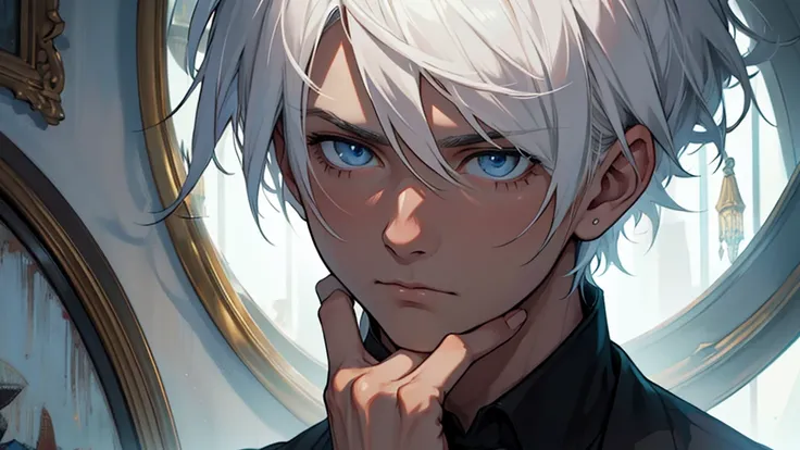 ((best quality)), ((work of art)), ((detailed)), young man, white hair, confused expression, innocent look
