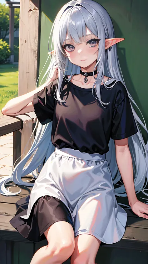 Elf Girl、8-year-old、Medium-long silver hair、Silver Eyes、Just a big black T-shirt、Short sleeves、Other than that, I dont wear anything else、She&#39;s not even wearing bottoms、barefoot、Seductive expression、whole body、Standing posture