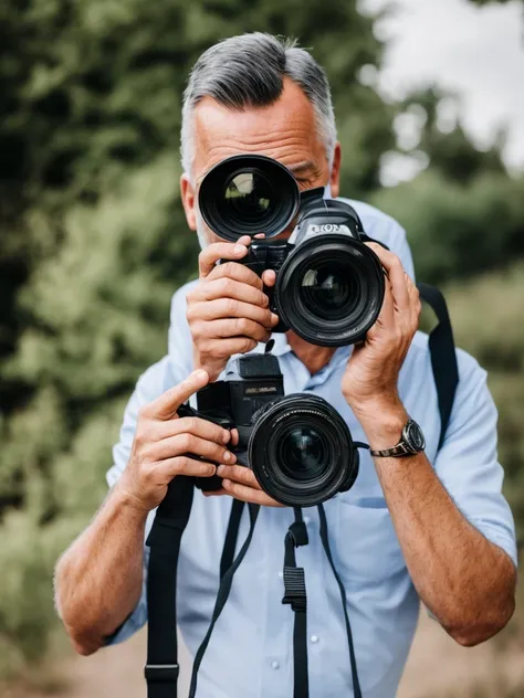 social media profile for a mid age photographer. portrait of him taking photos