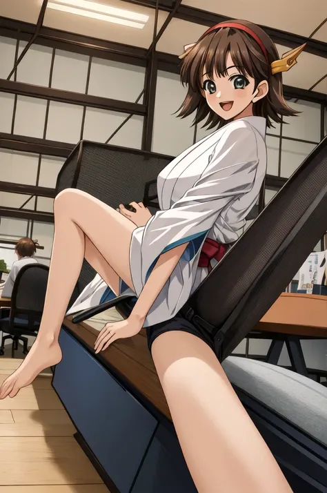 Highest quality, masterpiece, High resolution, ((Perfect hands, Perfect Legs, Perfect Anatomy)), ((一人in)), {Hiei Kai-2_Fleet Collection:1.15}, brown_hair, short_hair, hairband, headgear, Non-traditional_Shrine maiden, smile, green_eye, Inverted up_hair, Op...