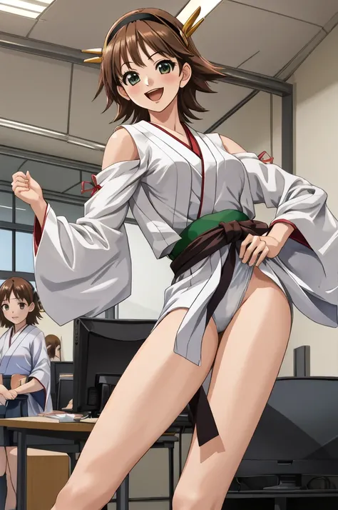 Highest quality, masterpiece, High resolution, ((Perfect hands, Perfect Legs, Perfect Anatomy)), ((一人in)), {Hiei Kai-2_Fleet Collection:1.15}, brown_hair, short_hair, hairband, headgear, Non-traditional_Shrine maiden, smile, green_eye, Inverted up_hair, Op...