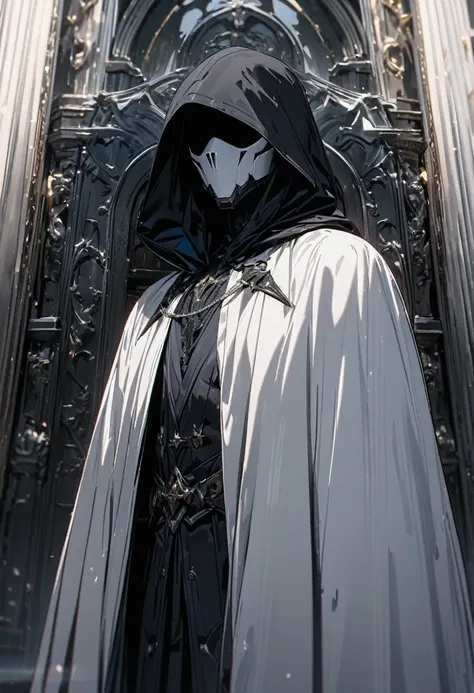 masterpiece, 8k, best quality, highly detailed, a male assassin wearing ghostly attire that is blue & grey with a cloak that is partially invisible