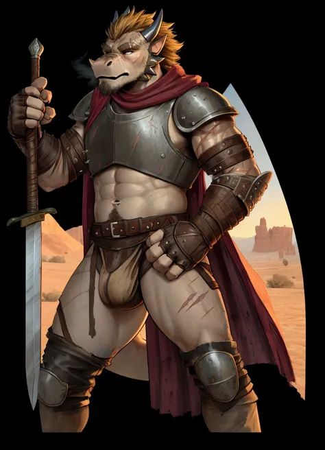 Solo Sexy young anthro scalie dragon male mercenary medieval solider, slim endomorph muscular, anthro handsome gay shorter muzzle, handsome gay model male apperance, sword scars, worn out leather skimpy armament, low on hips heavy leather belt, old very wo...