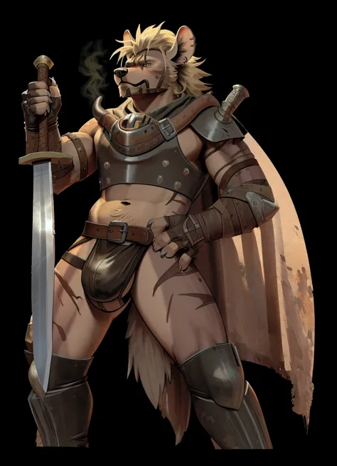 Solo Sexy young anthro furry  hyena hyena male mercenary medieval solider, tall slim sexy slim muscular, anthro handsome gay shorter muzzle, handsome gay model male apperance, sword scars, worn out leather skimpy armament, low on hips heavy leather belt, o...