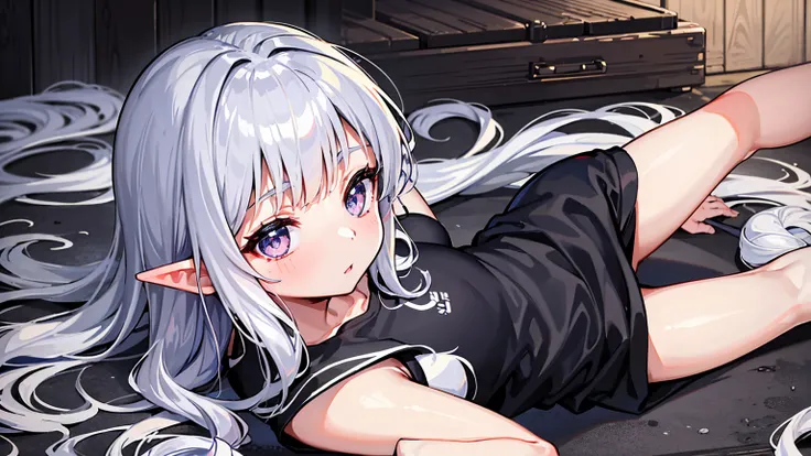 Elf Girl、8-year-old、Medium-long silver hair、Silver Eyes、Just a big black T-shirt、Short sleeves、Other than that, I dont wear anything else、She&#39;s not even wearing bottoms、barefoot、Seductive expression、whole body、Standing posture