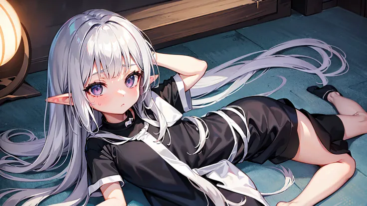 Elf Girl、8-year-old、Medium-long silver hair、Silver Eyes、Just a big black T-shirt、Short sleeves、Other than that, I dont wear anything else、She&#39;s not even wearing bottoms、barefoot、Seductive expression、whole body、Standing posture