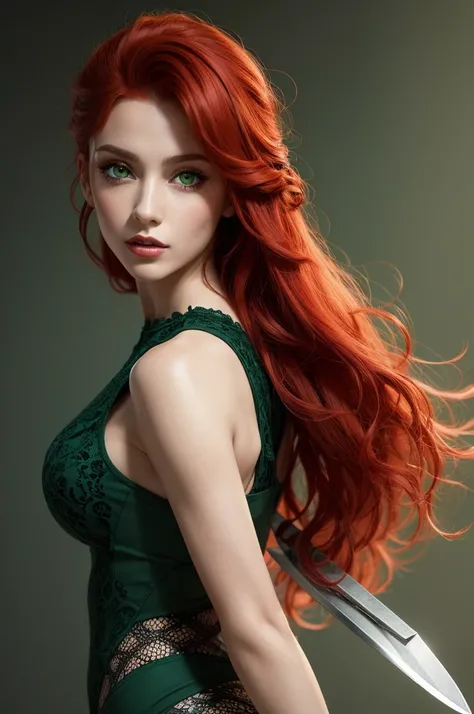 Knife yma corena who has curly red hair, that contrast with her expressive green eyes. Her skin is fair and she has a fashion style that combines elegance with a touch of audacity..