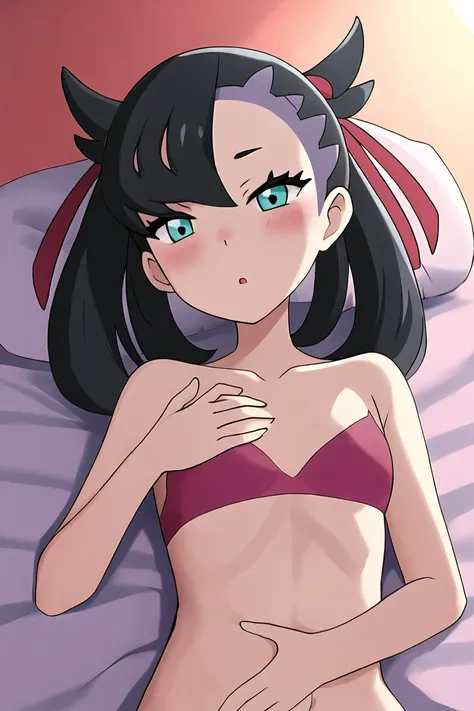 Pokemon Marie, Aqua Eye,, Black Hair, hair ribbon, Long Hair,Lying down, red ribbon, Completely naked,having sex,ribbon, Twin tails, room,On the bed, chest, chestの谷間, blush, High resolution, belly button