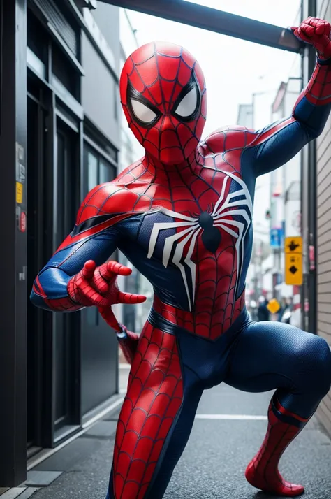 Make a Japanese man dressed as Spider-Man