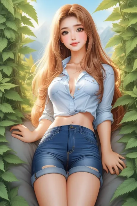 punctuation_9. punctuation_8_High above, punctuation_7_High above, punctuation_6_High above, punctuation_5_High above, punctuation_4_High above, Woman, jeans, chemise, marijuana background, russet hair, curved, thighs thighs, hypdertailed,  