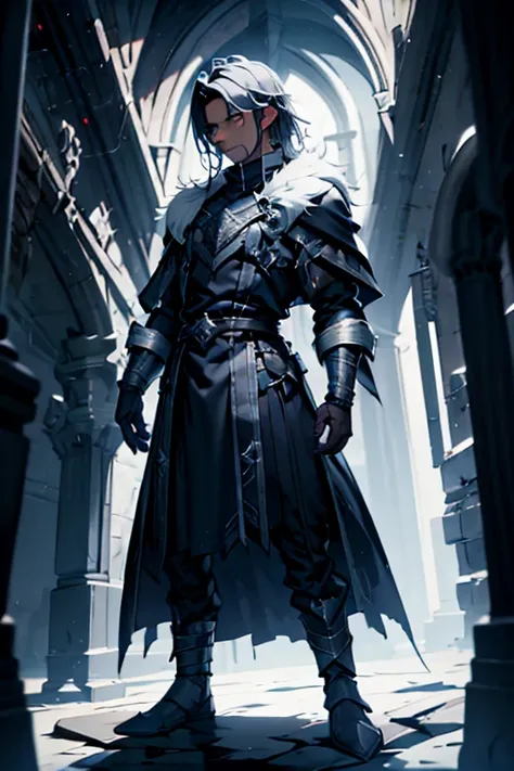 Grand inqusitor, male,dark hair, long coat with silver armor parts, standing, dark blue outfit, dark bread