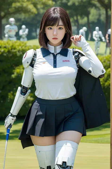 masterpiece, best quality, extremely detailed, Japanese android girl,Plump ,control panels,robot arms,robot,android,cyborg,white robot body,ceramic body,perfect robotgirl,blunt bangs,golfer,golf wear,skirt,blue eyes