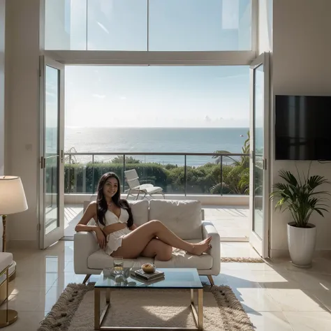 A photorealistic portrait of a 21-year-old Colombian girl with long, flowing dark hair and striking dark eyes. She should have a serene, content expression, illuminated by the soft, natural light streaming through large floor-to-ceiling windows. The backgr...