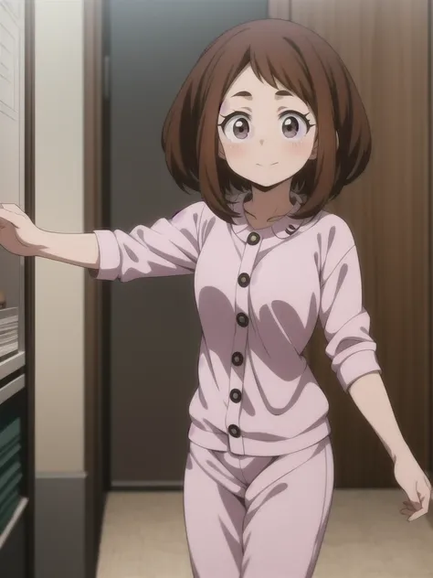 ochaco uraraka, wearing pajamas, nice environment, super detailed, high quality