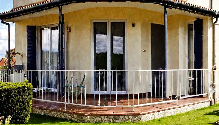 front of the house with balcony, daytime, no people in the place