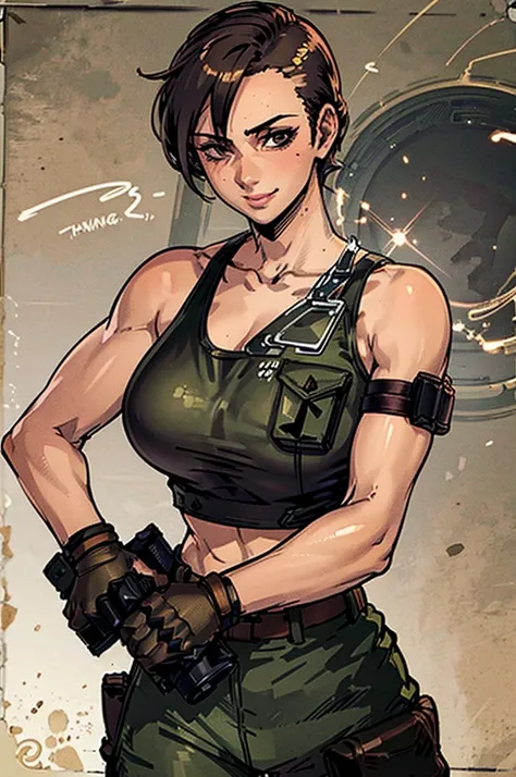 a military woman, well trained body, black sleeveless t-shirt, exposed collarbone, green pants with camouflage, two leather belt...