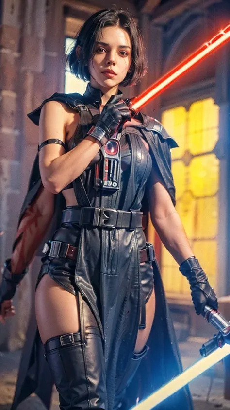 20 years old girl, short bob cut black hair, bang, evil grin, pale skin, sith lord from star wars, wearing dark armor, black cape, holding a red lightsaber, modelling pose, cowboy shot, Ultra high res, uhd, (photorealistic:1.4), lighting from below