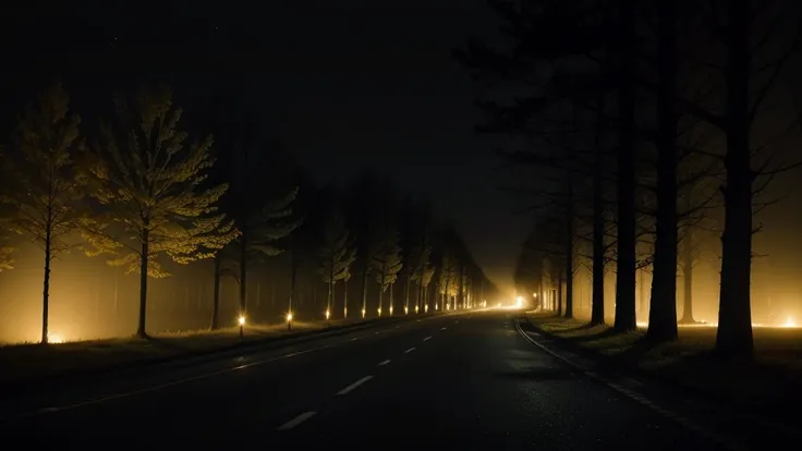 "Create an image of a night landscape with a spooky road lit by faintly yellow streetlights, with twisted trees and a strange fog gathering around. Convey a sense of mystery and suspense, with shifting shadows"
