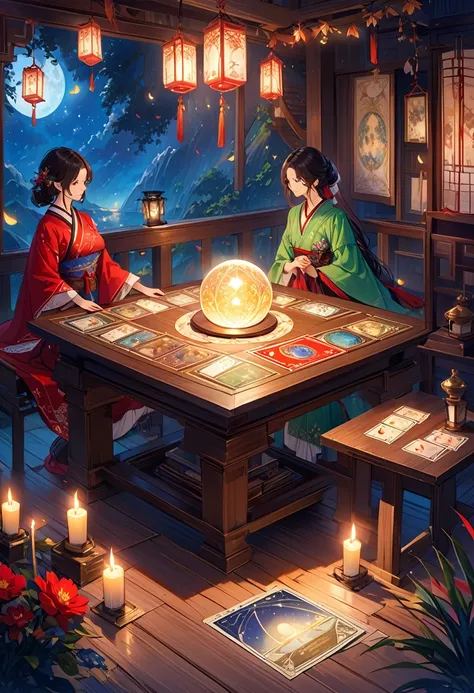 美しく神秘的なfortune teller，Compact and fun environment. ケープを羽織ったfortune teller, Delicate facial features. 

The scene is dim, Create an atmosphere of uncertainty and expectation. テーブルに座るfortune teller, Tarot Cardsで飾られた, Crystal Ball, Tarot Cards. The table is s...