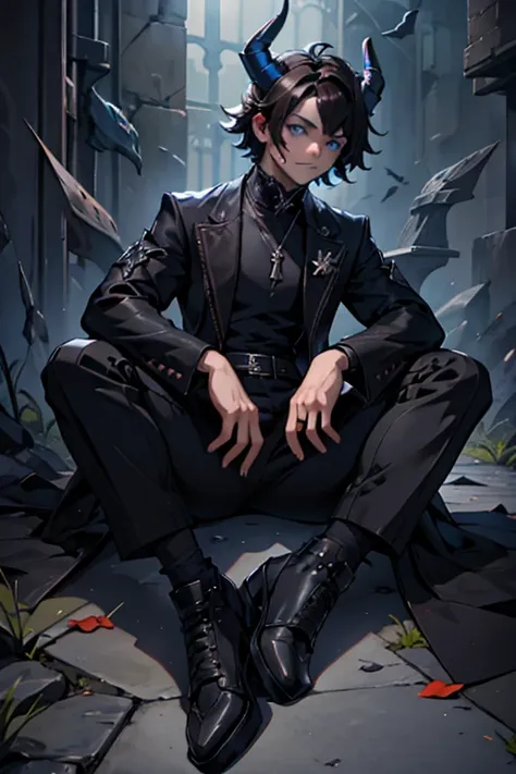 femboy, dark hair, sitting, dark outfit, short hair, blue eyes, dragon horns