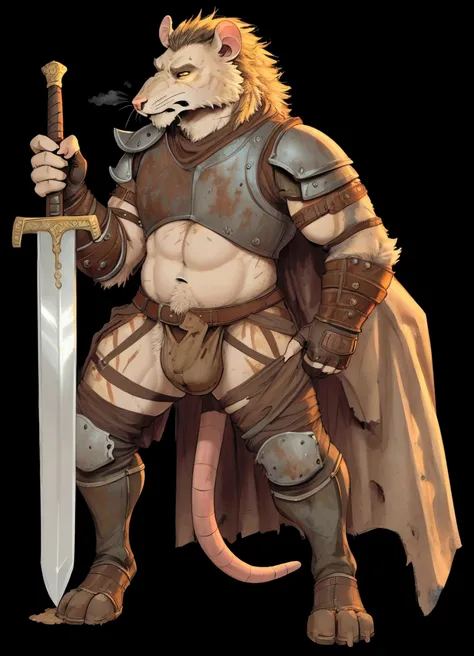 Solo Sexy young anthro furry rat male mercenary medieval solider, tall and slim slimin hips muscular, anthro handsome gay shorter muzzle, handsome gay model male apperance, sword scars, worn out leather skimpy armament, low on hips heavy leather belt, old ...