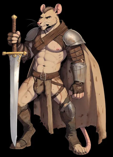 Solo Sexy young anthro furry rat male mercenary medieval solider, tall and slim slimin hips muscular, anthro handsome gay shorter muzzle, handsome gay model male apperance, sword scars, worn out leather skimpy armament, low on hips heavy leather belt, old ...