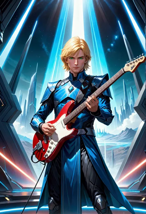 A Blonde Man about forty years old, stunning green eyes, detailed facial features, wearing a sparkling silver and blue sci-fi inspired costume, holding an electric guitar, standing on a neon-lit stage, dramatic sci-fi landscape of Alderaan in the backgroun...