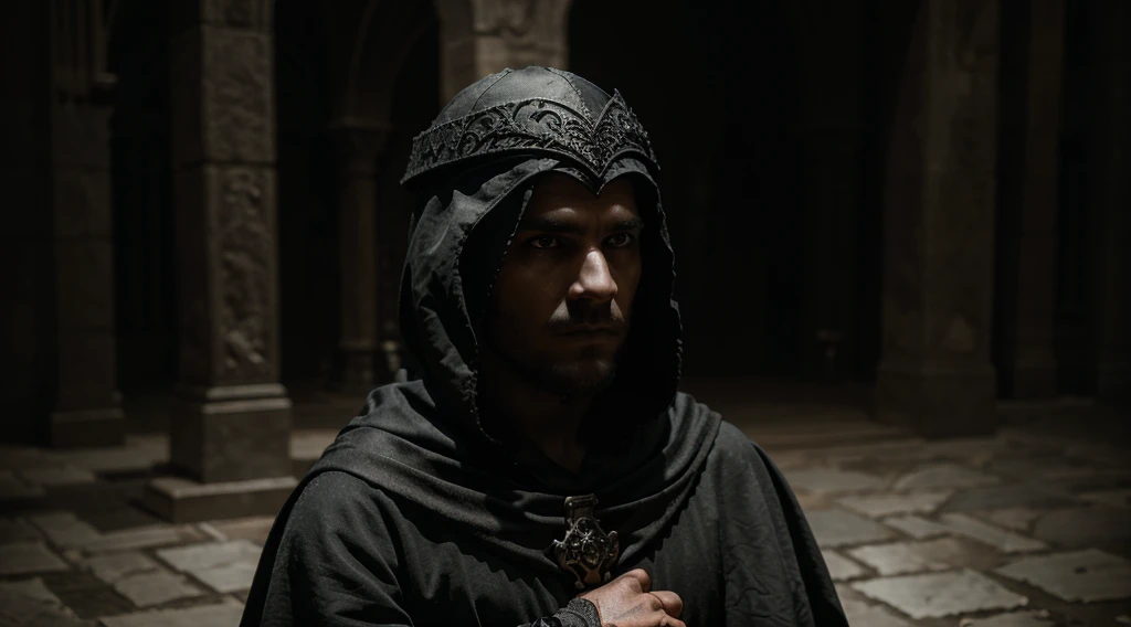 a medieval man wearing a black cloak, ornate mask, medieval clothing, detailed face, dramatic lighting, cinematic, dark fantasy, moody atmosphere, chiaroscuro