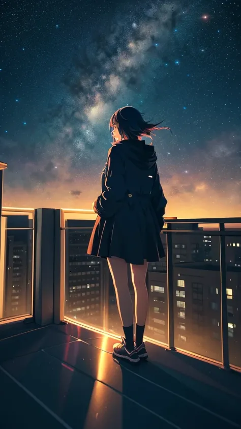 Anime girl standing on a rooftop looking at the stars and the night sky, Anime Wallpaper 4k, Anime Wallpaper 4 k, 4k Anime Wallpaper, Anime Art Wallpapers 8K, anime art wallpaper 4k, anime art wallpaper 4k, Anime Style 4k, Makoto Shinkai Cyril Rolando, 4K ...