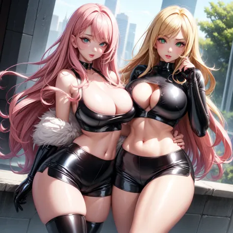 ((2 girls), solo, clevage, Big round perky breasts, lots of clevage, trendy, stylish, clevage, thighs, hips, realistic, pink hair, blonde hair, light green eyes, lip gloss, detailed face, amazing big eyes, eye details, big lips, eyebrow details, blush, nau...