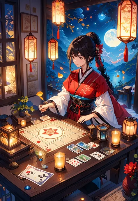 美しく神秘的なfortune teller，Compact and fun environment. ケープを羽織ったfortune teller, Delicate facial features. 

The scene is dim, Create an atmosphere of uncertainty and expectation. テーブルに座るfortune teller, Tarot Cardsで飾られた, Crystal Ball, Tarot Cards. The table is s...