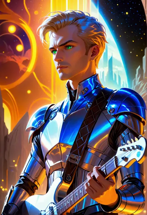 A man in his early forties with short blond hair and slight baldness , stunning green eyes, detailed facial features, wearing a sparkling silver and blue sci-fi inspired costume, holding an electric guitar, standing on a neon-lit stage, dramatic sci-fi lan...