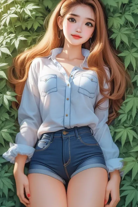 punctuation_9. punctuation_8_High above, punctuation_7_High above, punctuation_6_High above, punctuation_5_High above, punctuation_4_High above, Woman, jeans, chemise, marijuana background, russet hair, curved, thighs thighs, hypdertailed,  